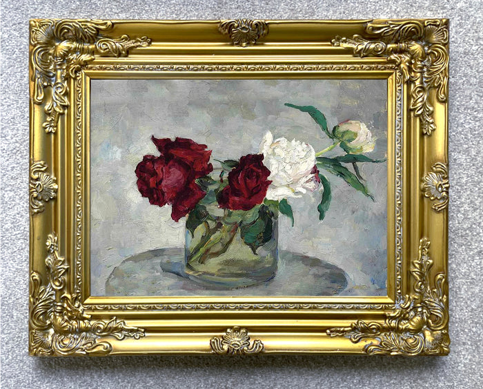 Exquisite Oleograph on Canvas Still Life of Red & White Roses in a Vase