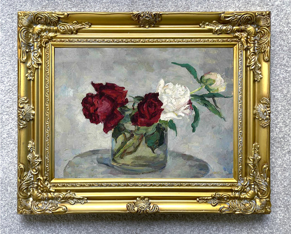 Exquisite Oleograph on Canvas Still Life of Red & White Roses in a Vase