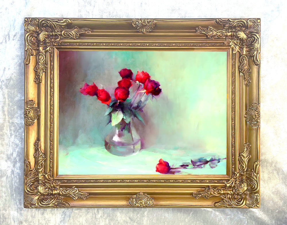 Beautiful Oleograph on Canvas Still Life of Red Roses in a  Glass Vase