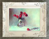 Beautiful Oleograph on Canvas Still Life of Red Roses in a  Glass Vase