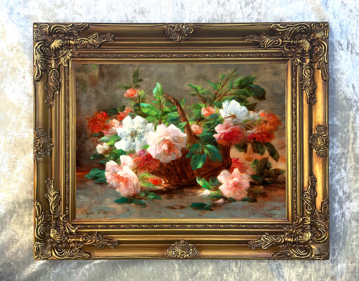 Exquisite Oleograph on Canvas Still Life of Pink Roses in a Basket