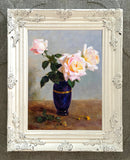 Beautiful Oleograph on Canvas Still Life of Roses in a  Vase