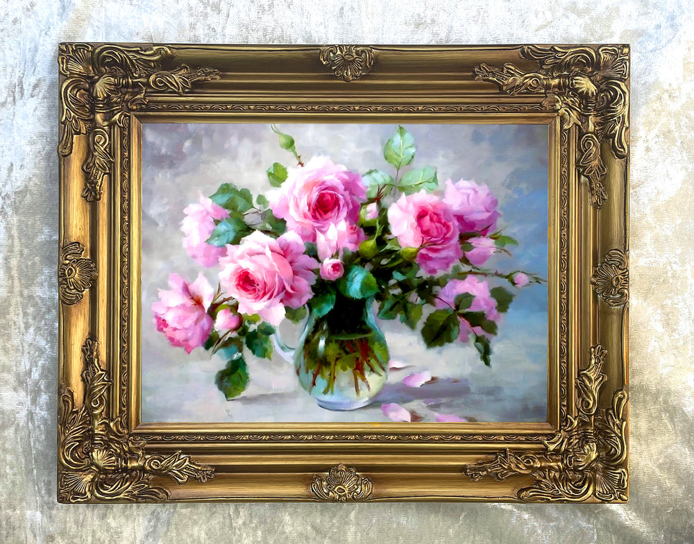 Stunning Still Life Oleograph on Canvas Still Life of Pink Roses in a  Glass Vase