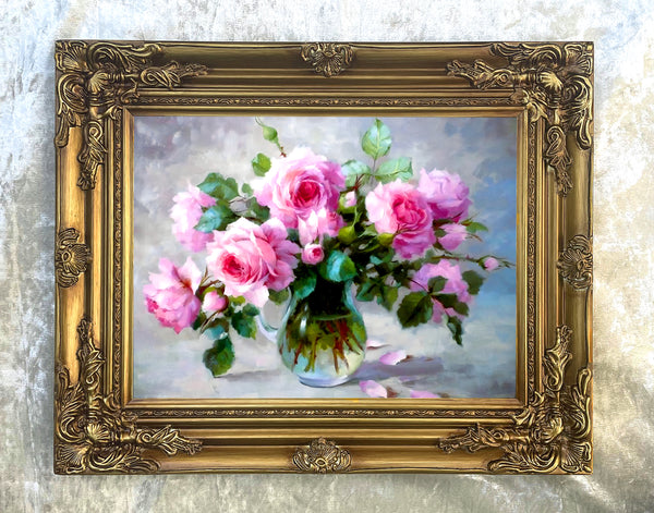 Stunning Still Life Oleograph on Canvas Still Life of Pink Roses in a  Glass Vase
