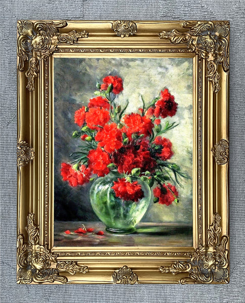 Stunning Still Life Oleograph on Canvas Still Life of  Red Carnations in a Vase