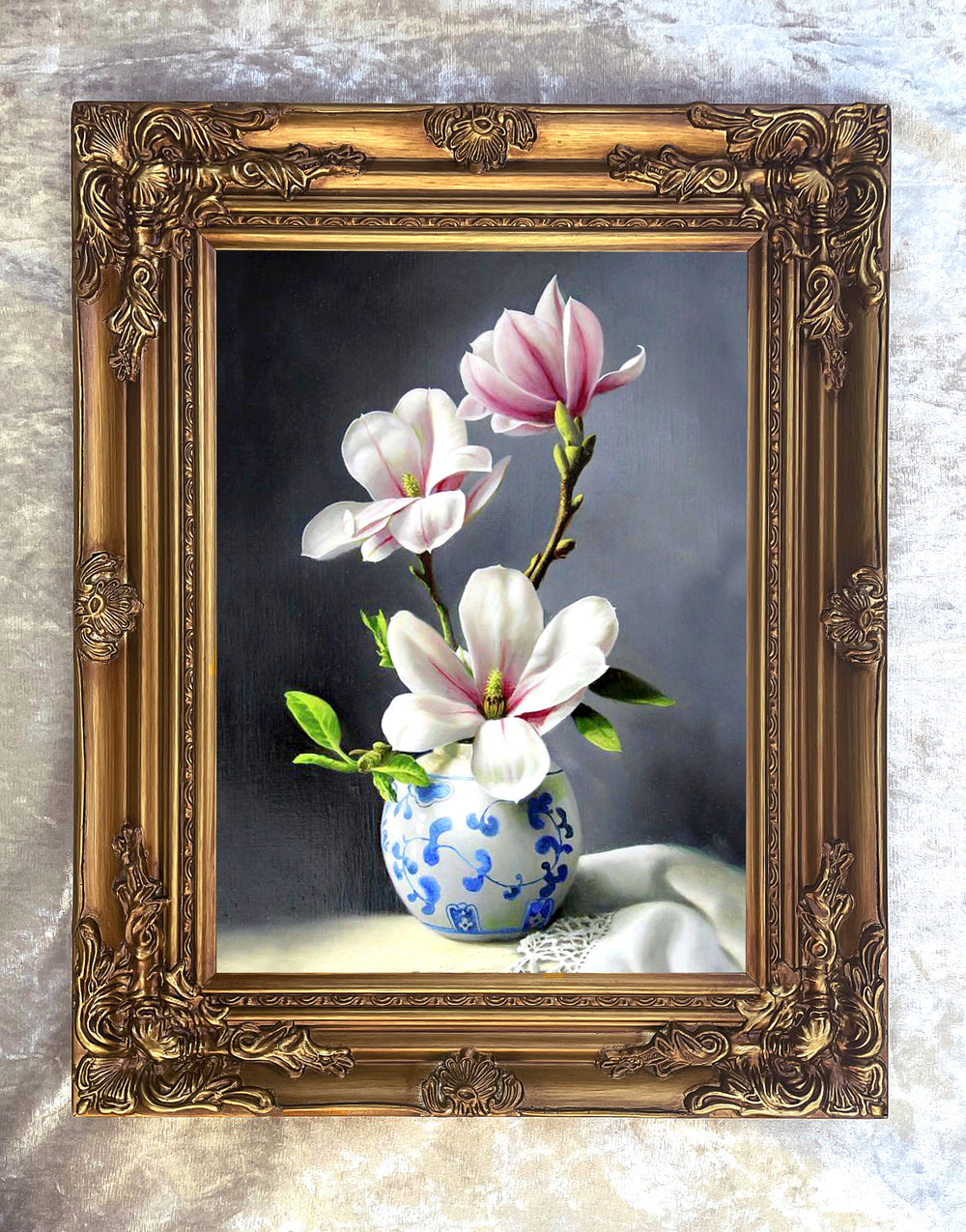 Stunning Still Life Oleograph on Canvas Still Life of  Magnolias in a  Blue & White Vase
