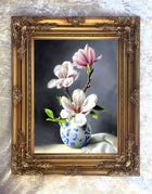 Stunning Still Life Oleograph on Canvas Still Life of  Magnolias in a  Blue & White Vase