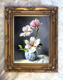 Stunning Still Life Oleograph on Canvas Still Life of  Magnolias in a  Blue & White Vase