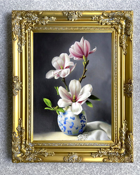 Stunning Still Life Oleograph on Canvas Still Life of  Magnolias in a  Blue & White Vase