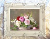 Still Life Oleograph on Canvas Still Life of Flowers in a  Blue & White Vase