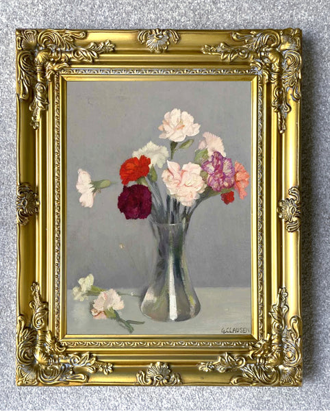 Stunning Still Life Oleograph on Canvas Still Life of Carnations in a Vase