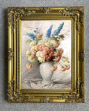 Exquisite Oleograph on Canvas Still Life of Flowers in a Grey Vase