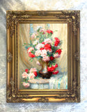 Exquisite Oleograph on Canvas - A Bouquet of Carnations in a Vase