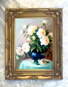 Fine Oleograph on Canvas Still Life of White Roses in a Blue Bowl