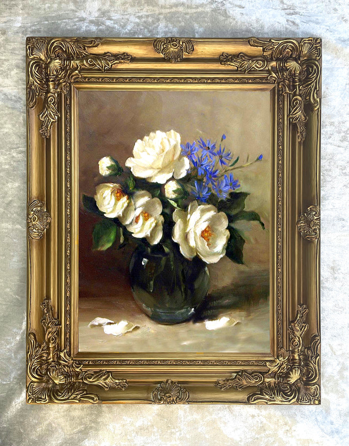 Stunning Still Life Oleograph on Canvas Still Life of White Roses