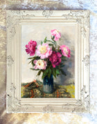 Stunning Still Life Oleograph on Canvas Still Life of Pink & Red Roses