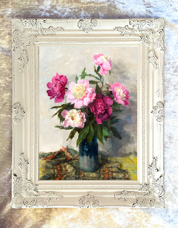 Stunning Still Life Oleograph on Canvas Still Life of Pink & Red Roses