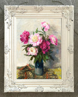 Stunning Still Life Oleograph on Canvas Still Life of Pink & Red Roses