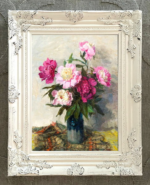 Stunning Still Life Oleograph on Canvas Still Life of Pink & Red Roses