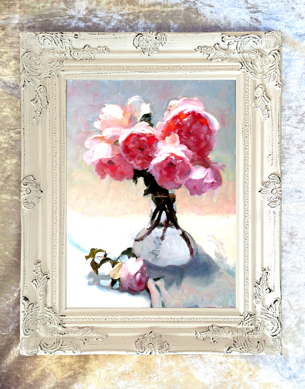Beautiful Oleograph on Canvas Still Life of Pink Roses in a  Glass Vase