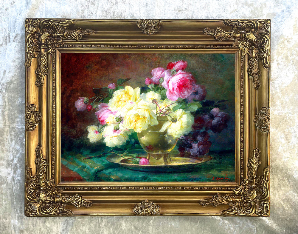 Fine Oleograph on Canvas - Mixed Roses in a Brass Bowl