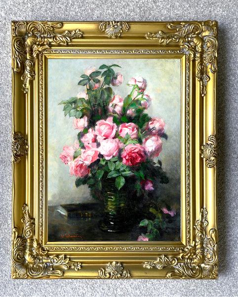 Stunning Still Life Oleograph on Canvas Still Life "A Bouquet of Pink Roses"