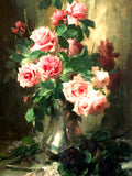 Exquisite Oleograph on Canvas - Vase with Red Roses & African Violets