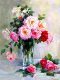 Fine Oleograph on Canvas - Pink & White Roses on a Marble Ledge