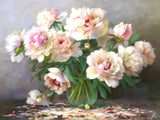 Still Life Oleograph on Canvas Still Life of Peonies in a Glass Vase