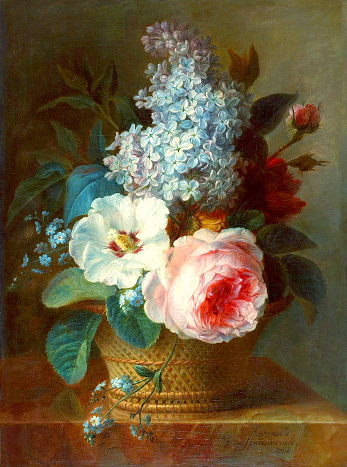 Fine Large Still Life Oleograph on Canvas -  Roses & Marigolds  in a Wicker Basket