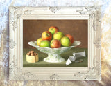 Fine Oleograph on Canvas - Still Life - Apples on a Porcelain Comport