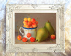 Fine Oleograph on Canvas - Still Life - a Porcelain Mug with Cherries and Pears