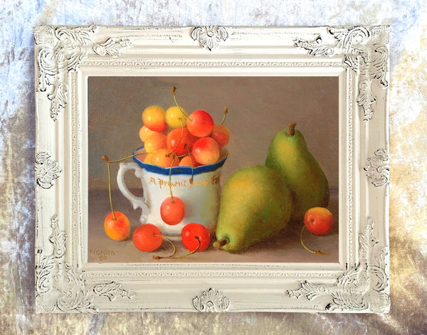 Fine Oleograph on Canvas - Still Life - a Porcelain Mug with Cherries and Pears