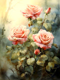 Beautiful Still Life Oleograph on Canvas Still Life of Pink Roses