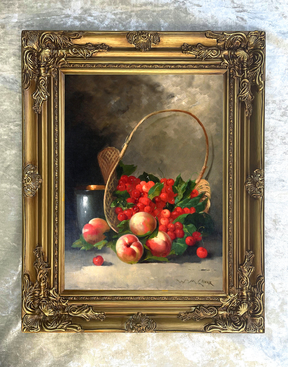 Exquisite Oleograph on Canvas - Fruit in a Wicker Basket - William Merritt Chase