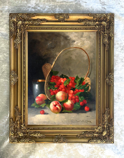 Exquisite Oleograph on Canvas - Fruit in a Wicker Basket - William Merritt Chase