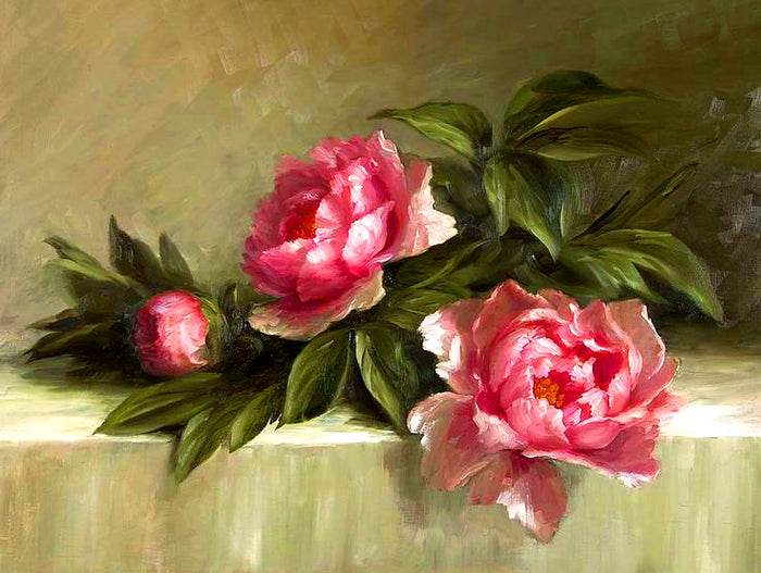 Fine Oleograph on Canvas - Pink Roses on a Ledge