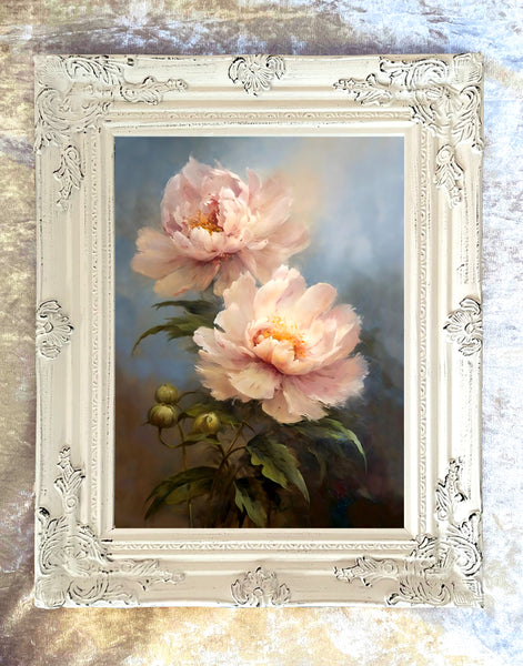Exquisite Still Life Oleograph on Canvas Still Life of Pink Peonies