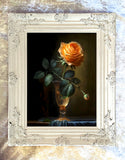 Beautiful Still Life Oleograph on Canvas Still Life of a Peach Rose in a Glass Goblet