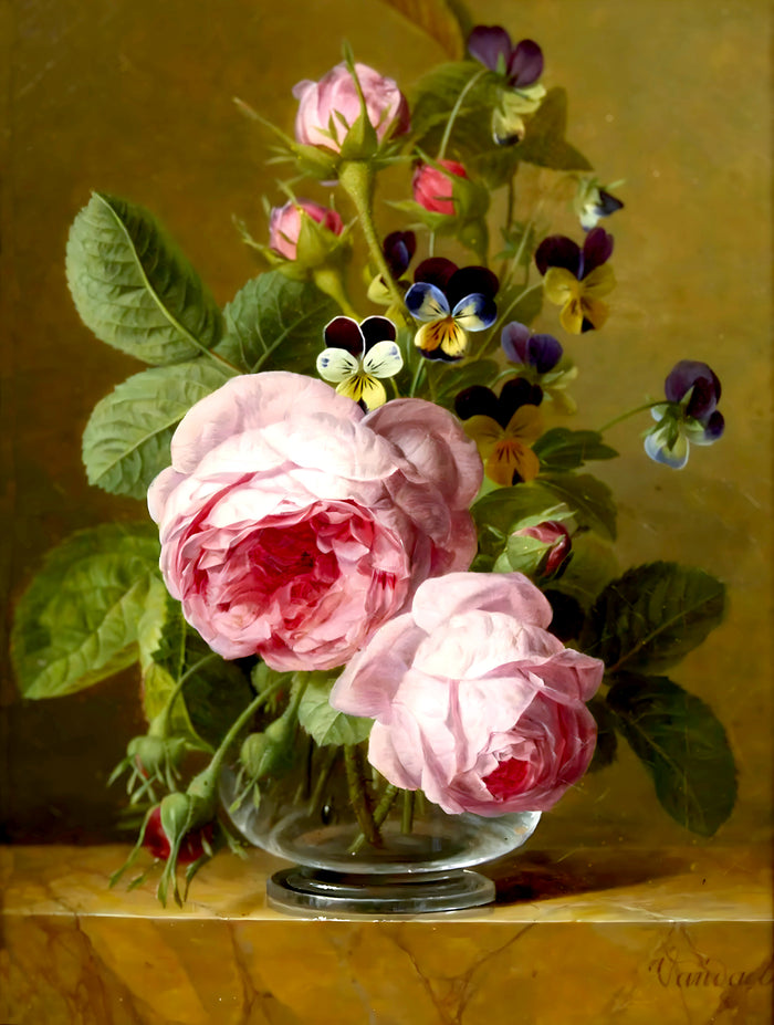 Beautiful Still Life Oleograph on Canvas Still Life of Roses & Pansies in a Glass Vase