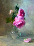 Exquisite Still Life Oleograph on Canvas Still Life of Pink Roses in a Glass Vase