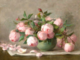 Exquisite Oleograph on Canvas Still Life of Pink Roses in a Green Bowl