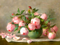 Exquisite Oleograph on Canvas Still Life of Pink Roses in a Green Bowl