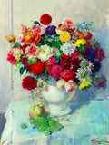 Beautiful Still Life Oleograph on Canvas - Flowers in a Vase with Fruit