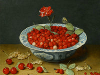 Stunning Still Life Oleograph on Canvas Still Life of Strawberries in a Blue & White Bowl