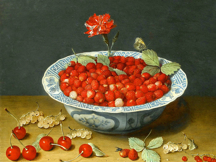 Stunning Still Life Oleograph on Canvas Still Life of Strawberries in a Blue & White Bowl
