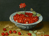 Stunning Still Life Oleograph on Canvas Still Life of Strawberries in a Blue & White Bowl