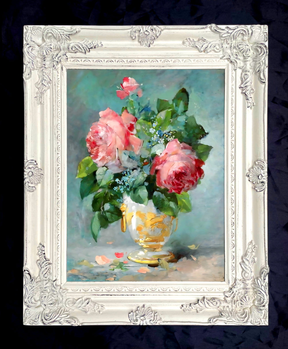 Fine Still Life Lithograph -  Roses in a Gold & White Vase