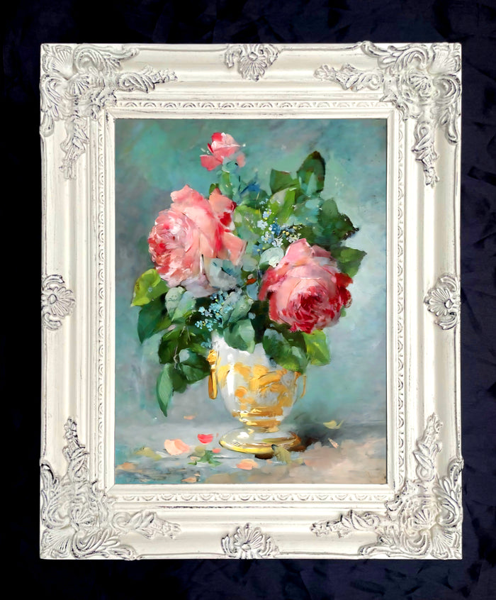 Fine Still Life Lithograph -  Roses in a Gold & White Vase