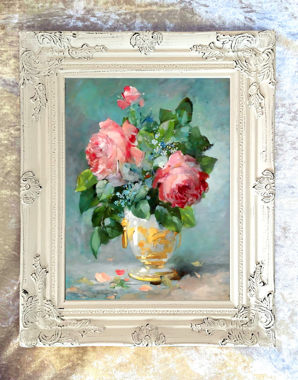 Fine Still Life Lithograph -  Roses in a Gold & White Vase
